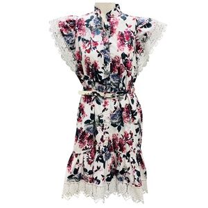 ERDEM WHITE MULTI LALIQUE FLORAL PRINT POPLIN LACE TRIM DRESS